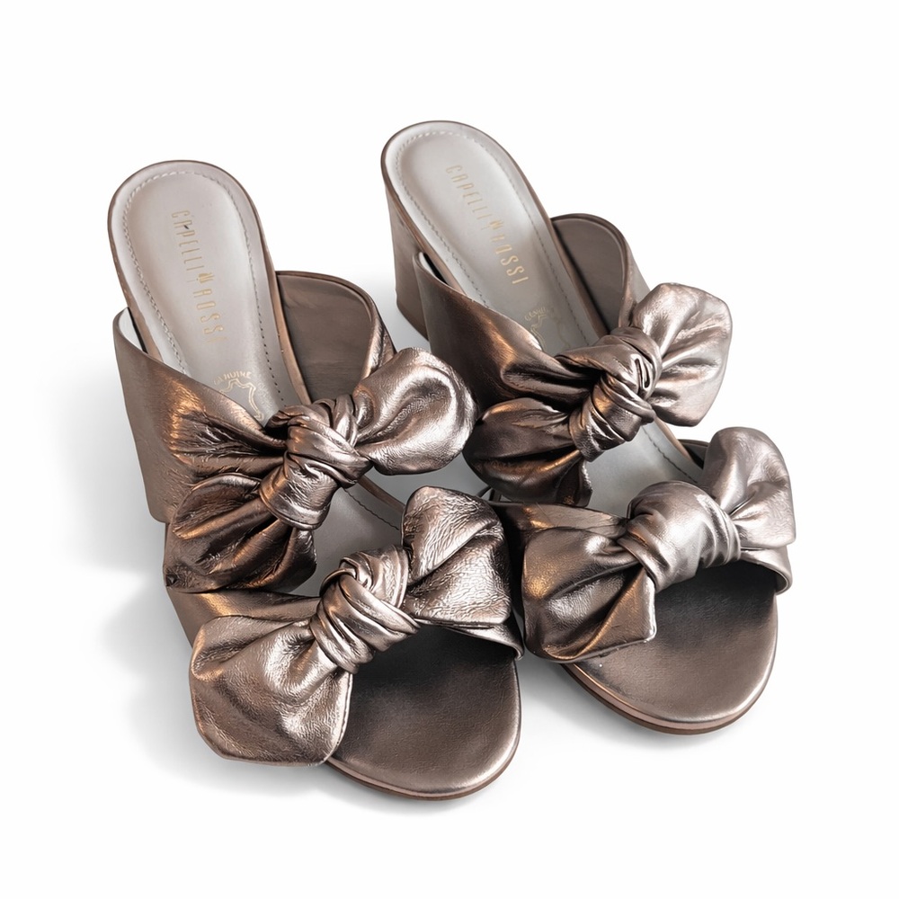 CAPELLI ROSSI Bow Heel Sandals Metallic Bronze Leather Mules 37
